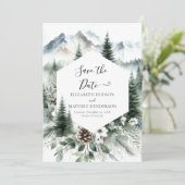 Pine bewerkbare berg bruiloft save the date (Staand voorkant)