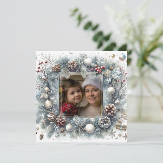Pine bloemversieringen foto Kerstmis Feestdagenkaart (Staand voorkant)