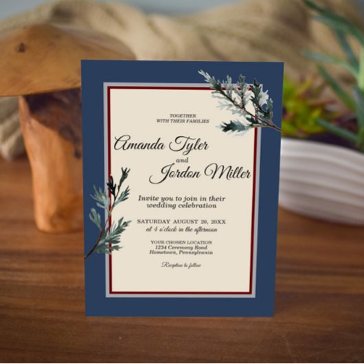 Pine Blue Winter Wedding Invitation Kaart