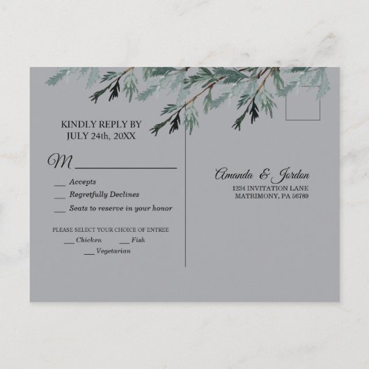 Pine Blue Winter Wedding Response Briefkaart (Achterkant)