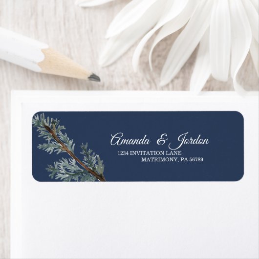 Pine Blue Winter Wedding Return Label (Insitu)