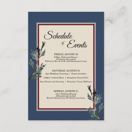 Pine Blue Winter Wedding Schedule Enclosure Kaart (Voorkant)