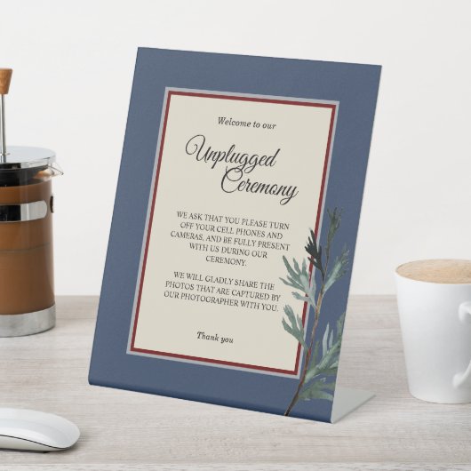 Pine Blue Winter Wedding Unplugged Ceremony Reclamebord Met Voetstuk (Insitu)