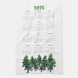 Pine Bomen Aquarel Schilderij Kalender 2026 Theedoek