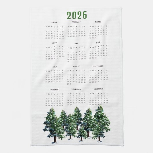 Pine Bomen Aquarel Schilderij Kalender 2026 Theedoek (Verticaal)