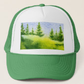 Pine bomen op een groene en blauwe bergkam trucker pet (Voorkant)