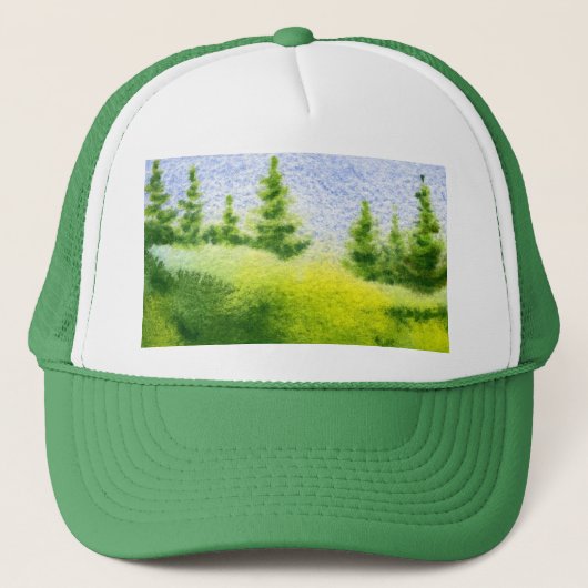 Pine bomen op een groene en blauwe bergkam trucker pet (Voorkant)