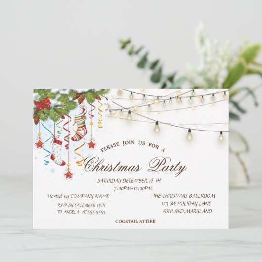 Pine boomtak Hout, String Lights Kerstmis Kaart (Staand voorkant)