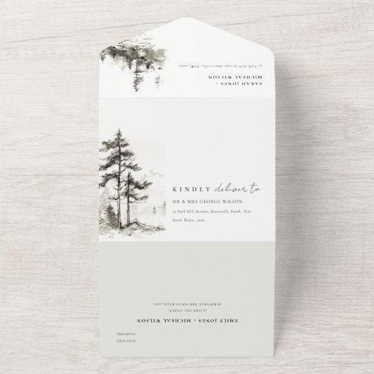 Pine Bossen Berglandschap Schets Bruiloft All In One Uitnodiging (Buitenkant)