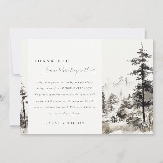 Pine Bossen Berglandschap Schets Bruiloft Bedankkaart (Voorkant)