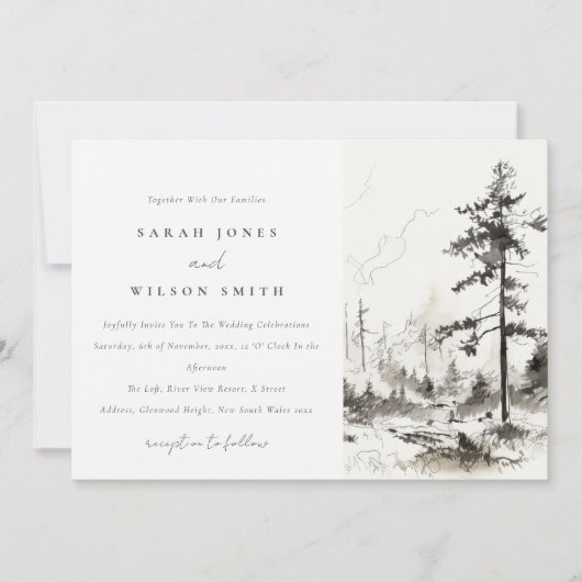 Pine Bossen Berglandschap Schets Bruiloft Kaart (Voorkant)