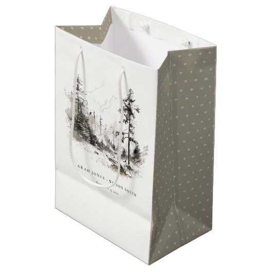 Pine Bossen Berglandschap Schets Bruiloft Medium Cadeauzakje (Voorkant Gekanteld)