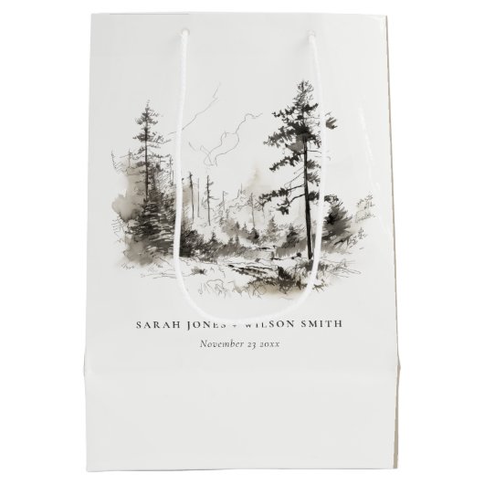 Pine Bossen Berglandschap Schets Bruiloft Medium Cadeauzakje (Achterkant)