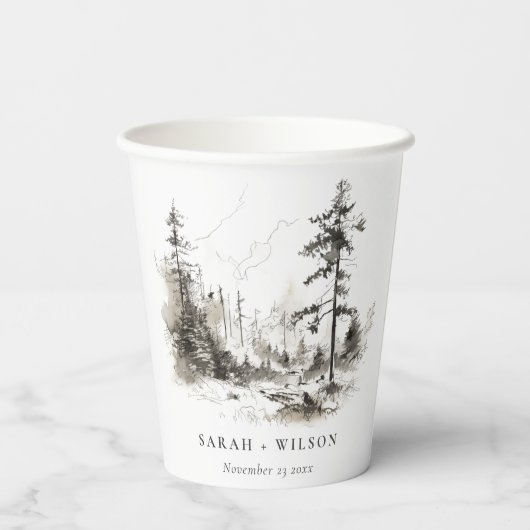 Pine Bossen Berglandschap Schets Bruiloft Papieren Bekers (Achterkant)