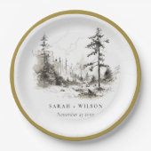 Pine Bossen Berglandschap Schets Bruiloft Papieren Bordje (Voorkant)