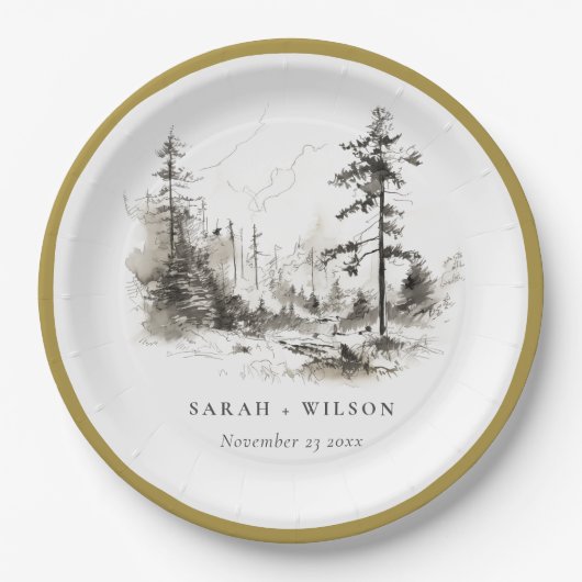 Pine Bossen Berglandschap Schets Bruiloft Papieren Bordje (Voorkant)