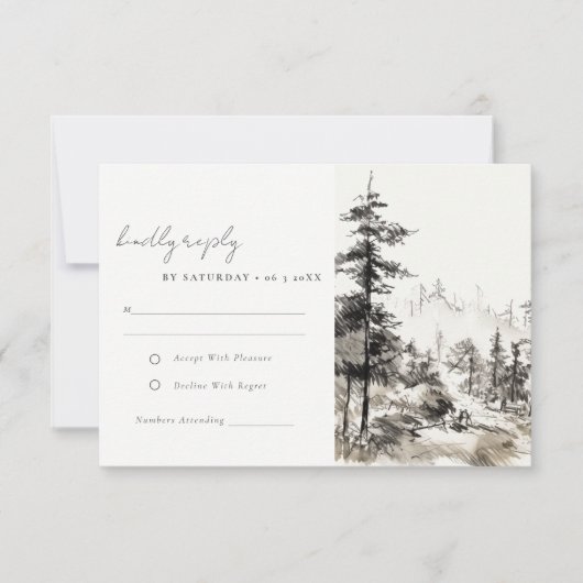Pine Bossen Berglandschap Schets Bruiloft RSVP Kaartje (Voorkant)