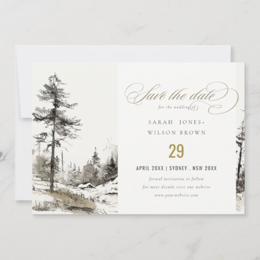 Pine Bossen Berglandschap Schets Bruiloft Save The Date (Voorkant)