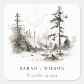 Pine Bossen Berglandschap Schets Bruiloft Vierkante Sticker (Voorkant)