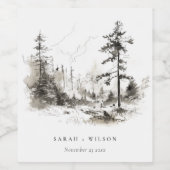 Pine Bossen Berglandschap Schets Bruiloft Wijn Etiket (Enkel label)