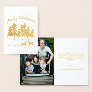 Pine Bossen Forest Reindeer Photo Merry Kerstmis Folie Kaarten