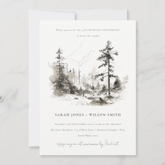 Pine Bossen Landschap Schets Bruiloft Jubileum Kaart (Voorkant)