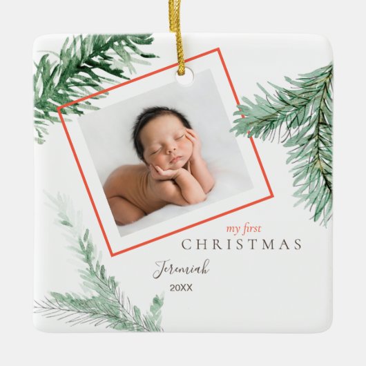 Pine Bough Child Foto Mijn 1e Kerstplein Keramisch Ornament (Voorkant)