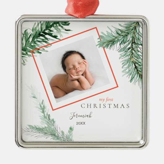 Pine Bough Child Mijn eerste Kerstmis Metalen Ornament (Voorkant)