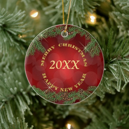 Pine Bough Gold Text Red Kerstmis Keramisch Ornament (Boom)