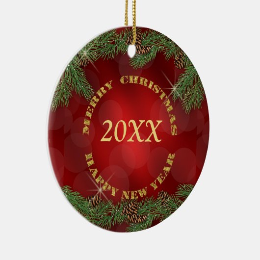 Pine Bough Gold Text Red Kerstmis Keramisch Ornament (Rechts)