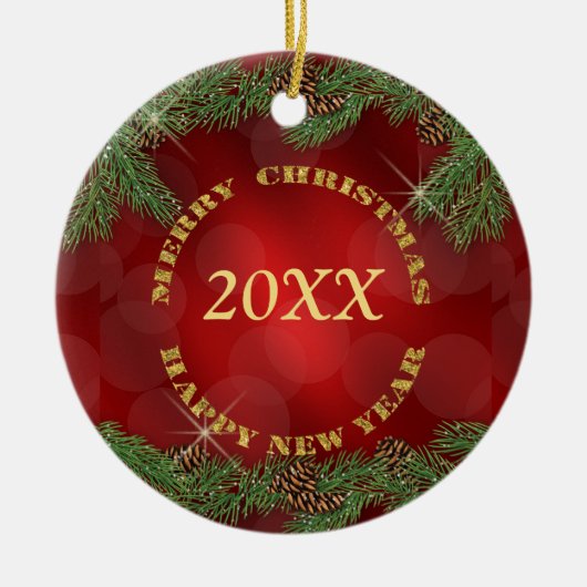 Pine Bough Gold Text Red Kerstmis Keramisch Ornament (Voorkant)