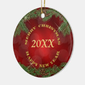 Pine Bough Gold Text Red Kerstmis Keramisch Ornament (Links)