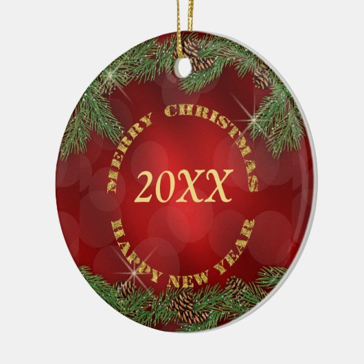 Pine Bough Gold Text Red Kerstmis Keramisch Ornament (Links)