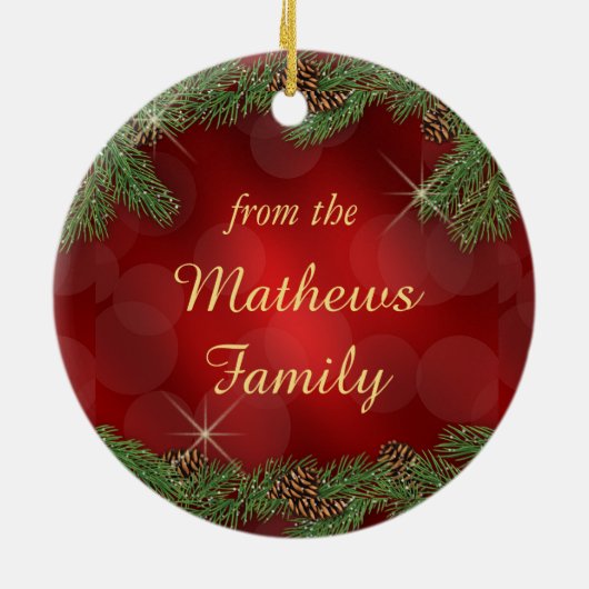 Pine Bough Gold Text Red Kerstmis Keramisch Ornament (Achterkant)