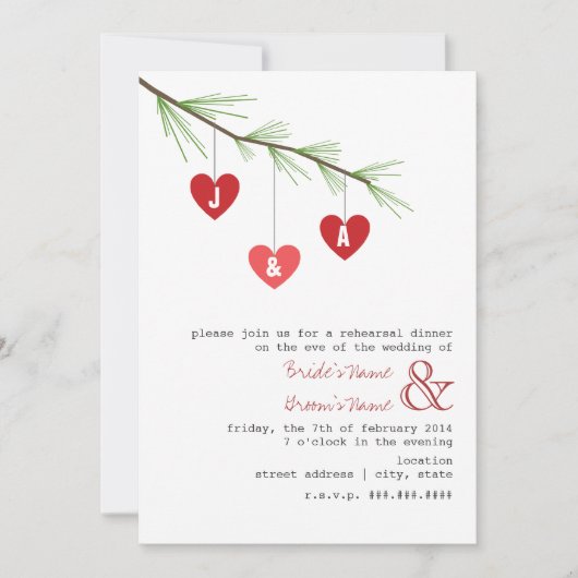 Pine Bough & Hearts Rehearsal Dinner Invitation Kaart (Voorkant)