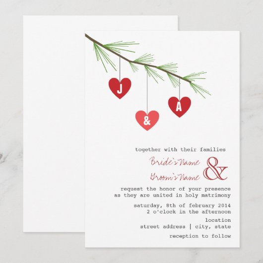 Pine Bough & Hearts Wedding Invitation Kaart (Voorkant / Achterkant)