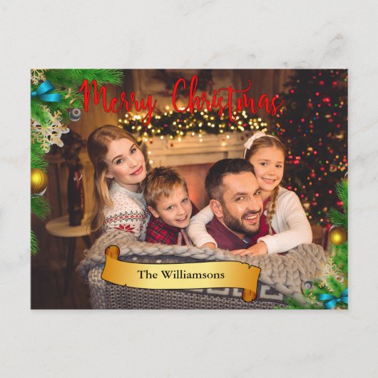 Pine Bough Lijst Gold Decor kerstfoto Feestdagenkaart (Voorkant)