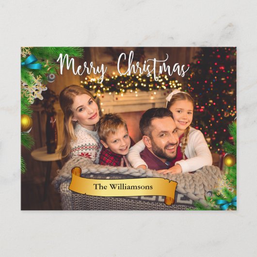 Pine Bough Lijst White Merry kerstfoto Feestdagenkaart (Voorkant)