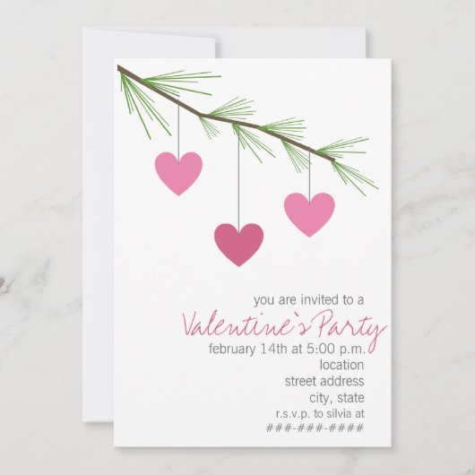 Pine Bough & Pink Hearts Valentijns Party Invite Kaart (Voorkant)