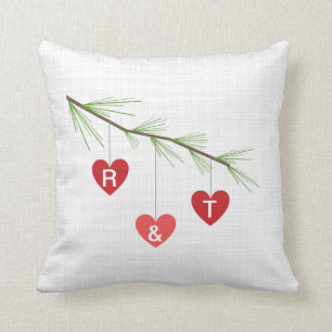 Pine Bough & Red Hearts Monogram Valentijn Pillow Kussen