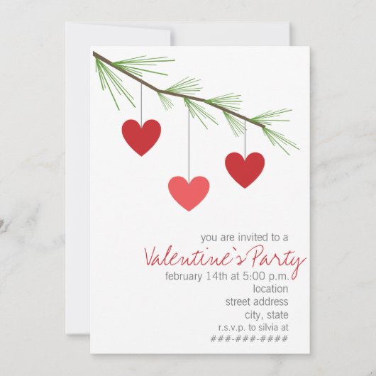 Pine Bough & Red Hearts Valentijns Party Invite Kaart (Voorkant)