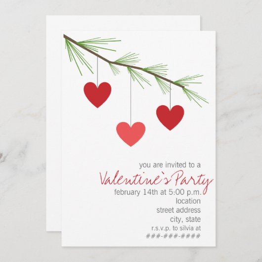 Pine Bough & Red Hearts Valentijns Party Invite Kaart (Voorkant / Achterkant)