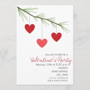 Pine Bough & Red Hearts Valentijns Party Invite Kaart