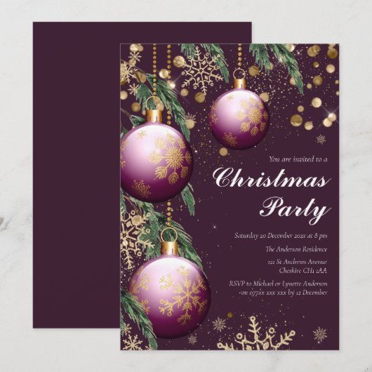 Pine Boughs & Baubles Kerstparty Uitnodiging (Voorkant / Achterkant)