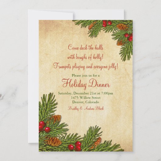 Pine Boughs Holiday Dinner Party Invitation Kaart (Voorkant)