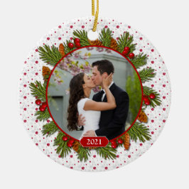 Pine Boughs Holly 1st Kerstmis Foto Keramisch Ornament