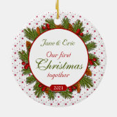 Pine Boughs Holly 1st Kerstmis Foto Keramisch Ornament (Achterkant)