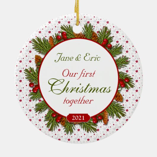 Pine Boughs Holly 1st Kerstmis Foto Keramisch Ornament (Achterkant)