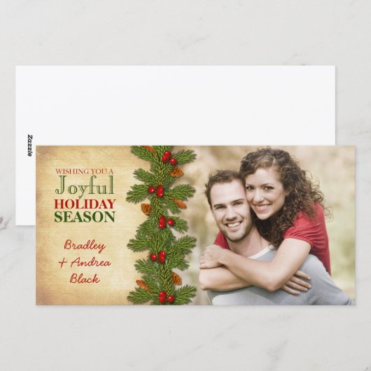 Pine Boughs Holly Berries Kerstmis Fotokaart Feestdagenkaart (Voorkant / Achterkant)