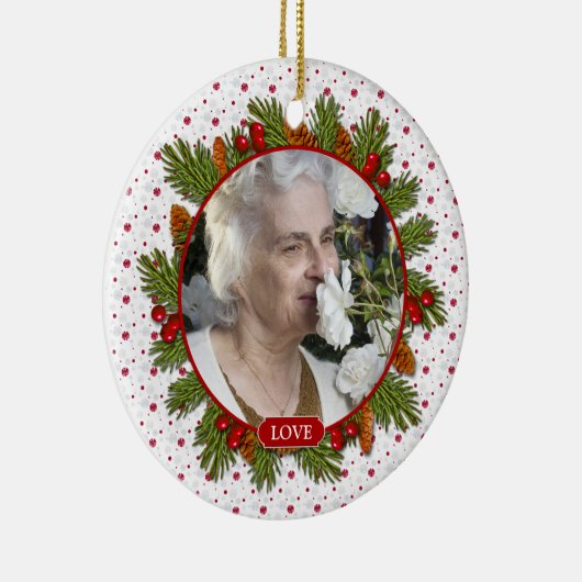 Pine Boughs Holly Berries Memorial Foto van Kerstm Keramisch Ornament (Rechts)